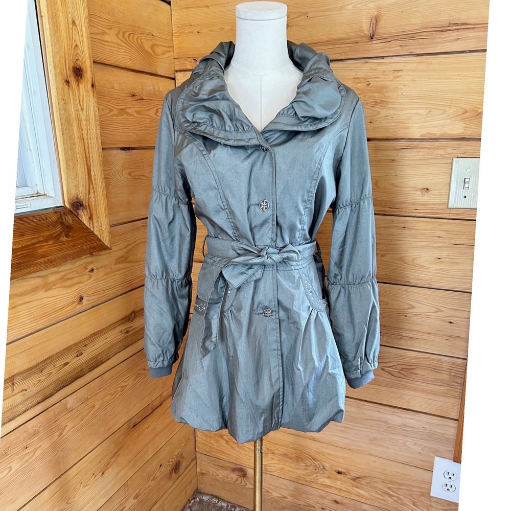 Vintage Metallic Trench Coat Womens Large Pewter Gray Samuel Dong Bubble Hem 90s